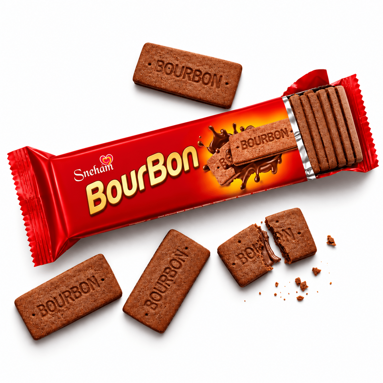 Bourbon 1 Red BourBon biscuit package with several rectangular chocolate biscuits scattered on a white background, embossed with BOURBON.
