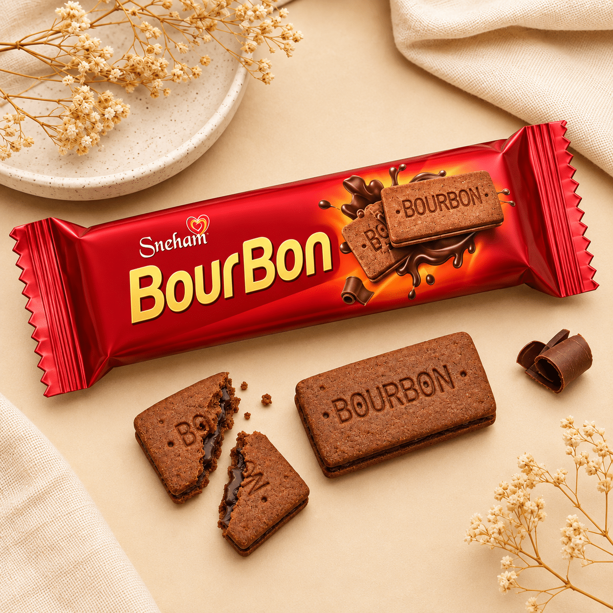 Bourbon 2 Red BourBon chocolate biscuit bar on a warm beige backdrop, with broken pieces and chocolate curls nearby.