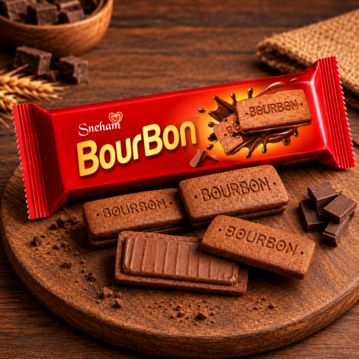 Bourbon 3 Red package of Snehams Bourbon biscuits with chocolate wafers embossed 'BOURBON' on a wooden board, some pieces broken nearby.