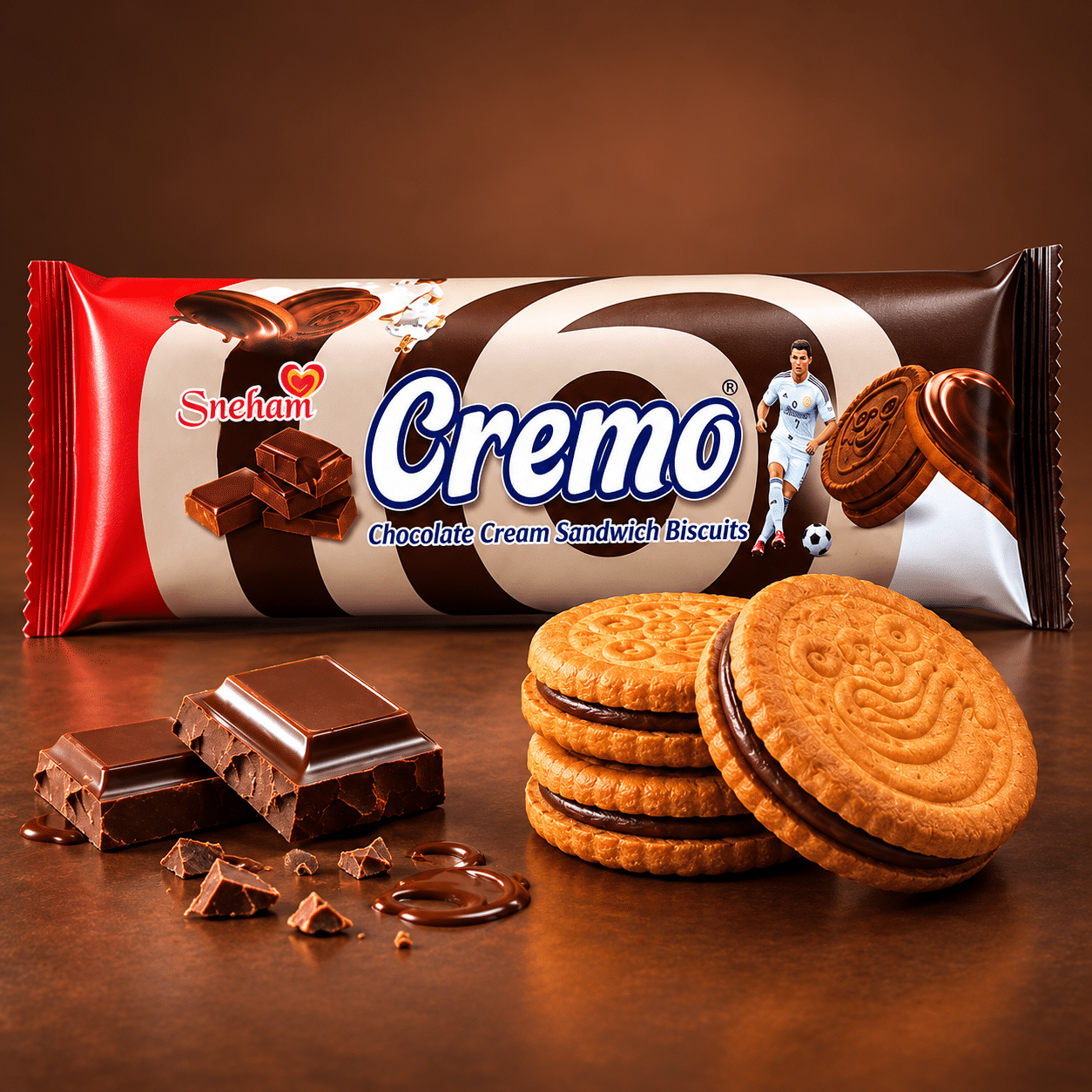 Cream 1 Package of Sneham Cremo chocolate cream sandwich biscuits with pieces of chocolate and stacked cookies in the foreground
