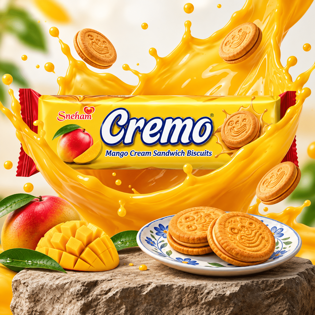 Cream 2 Bright ad for Cremo Mango Cream Sandwich Biscuits with a yellow package, mango imagery, and a plate of biscuits on a wooden stump.