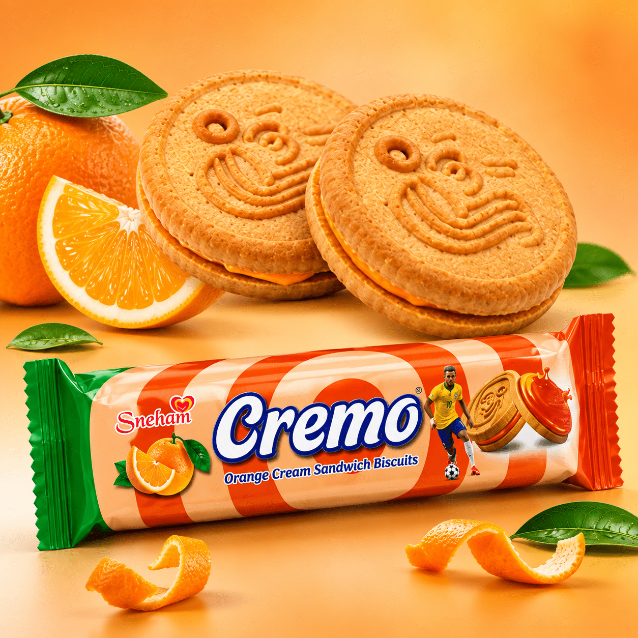 Cream 3 Orange cream sandwich biscuits with a fresh orange and orange peel on a warm orange background, package labeled Cremo in the foreground