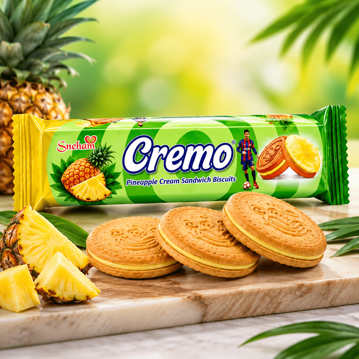 Cream 4 Package of Cremo Pineapple Cream Sandwich Biscuits beside stacked cookies and fresh pineapple pieces on a wooden board