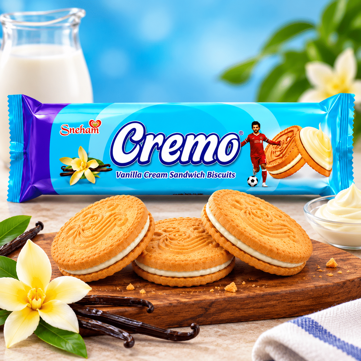 Cream 5 Cremo Vanilla Cream Sandwich Biscuits package with three cream-filled cookies on a wooden board, vanilla flower, and milk against a blue background.