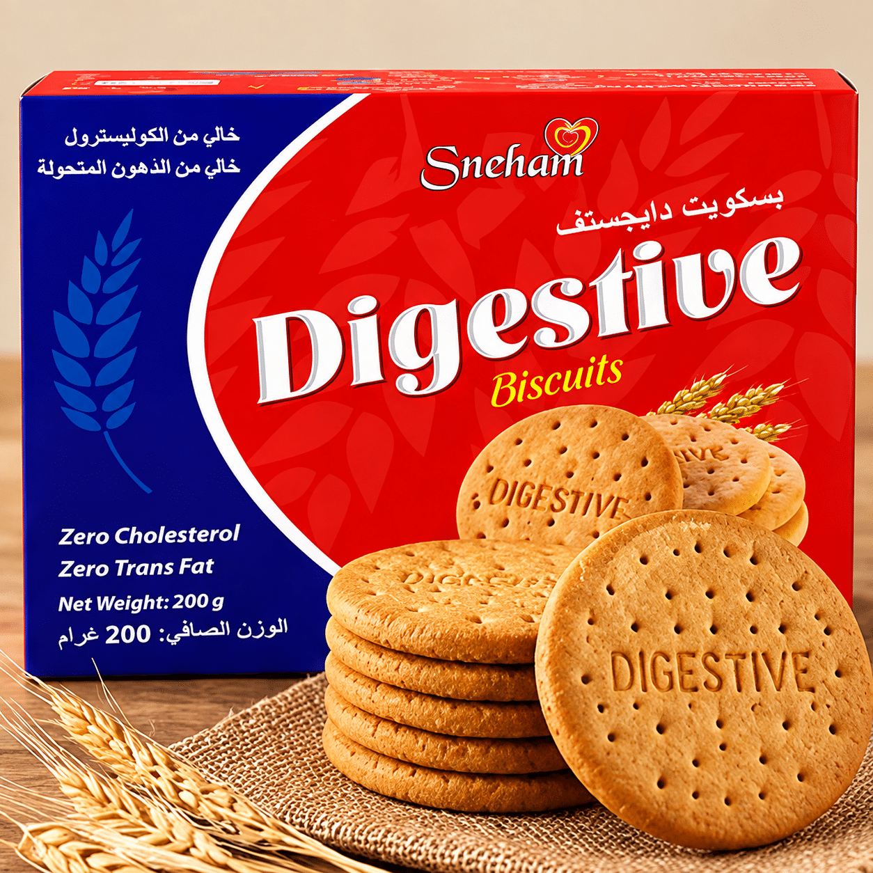 Box of Sneham Digestive Biscuits (red and blue) with a stack of round biscuits in front, stamped 'DIGESTIVE' on each cookie, and wheat graphics nearby.