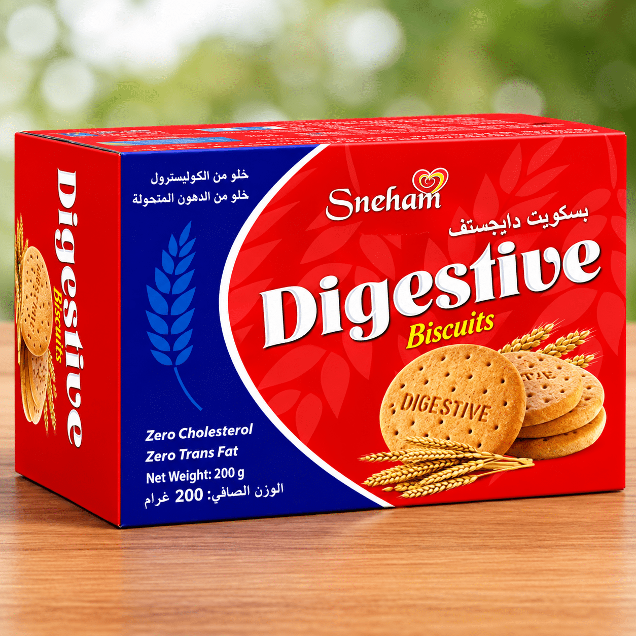 Red and blue Digestive biscuit boxes packed diagonally inside a cardboard shipping box, with the word 'Digestive' prominently visible on the packaging.