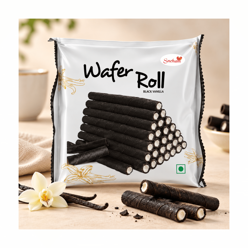 Wafer 27 Pack of black-vanilla wafer rolls with a tall stack of dark cookies on a white bag, vanilla beans and a white orchid in the foreground.