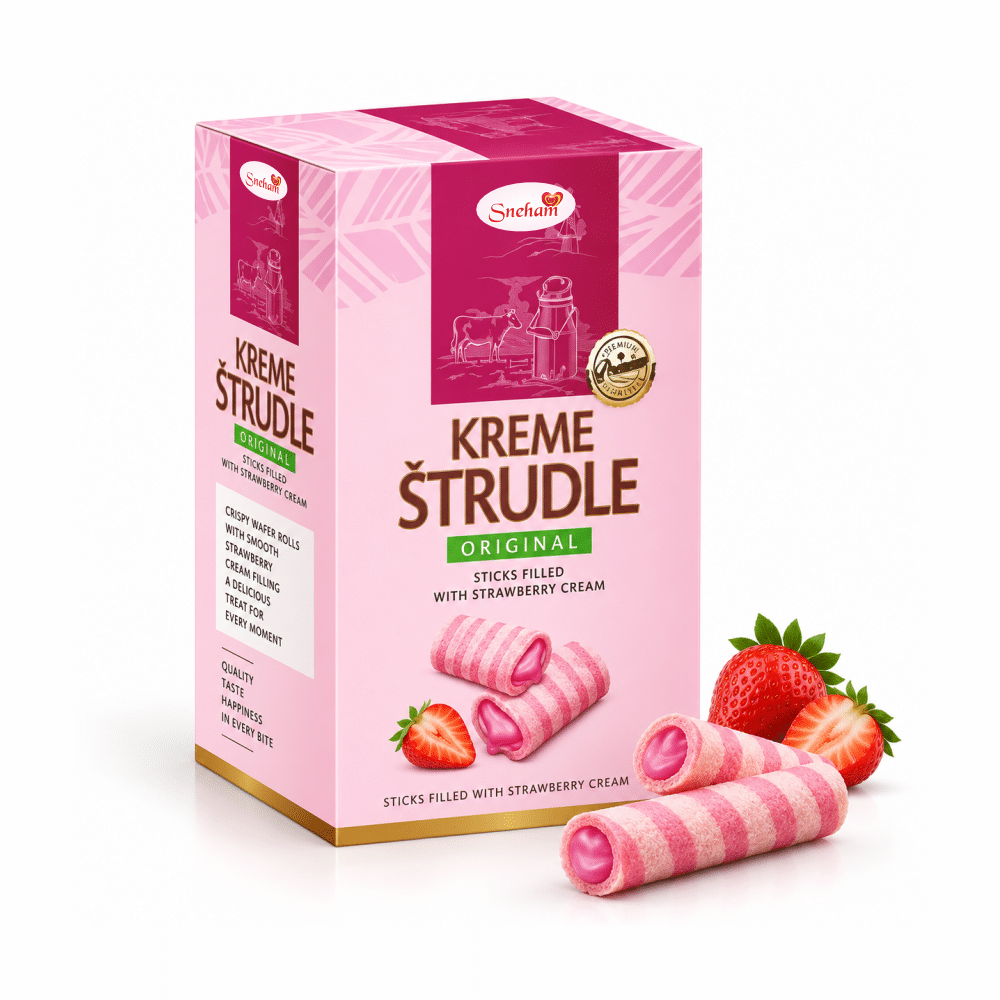 Wafer 31 Pink Kreme Strudle Original cereal/wafer box with strawberry cream sticks and fresh strawberries beside it, showcasing the product packaging.