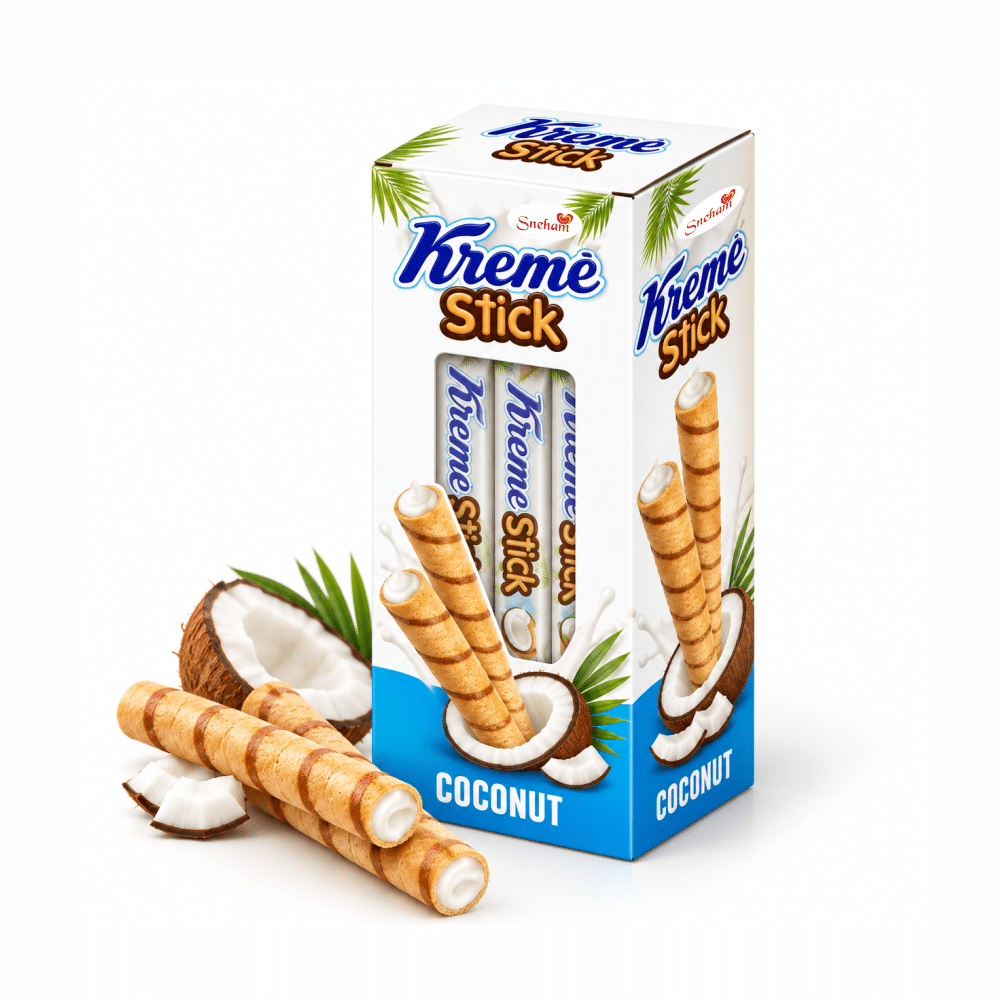 Wafer 41 Kremé Stick coconut wafer cookies box with coconut halves beside; blue packaging and three tube cookies visible