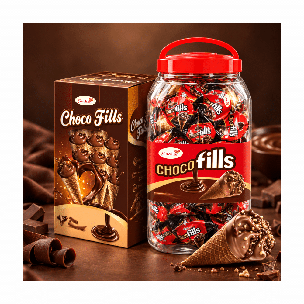 Wafers 75 Jar of Choco fills candies with a red lid sits beside a chocolate box labeled Choco fills; chocolate cones and shavings in the foreground.
